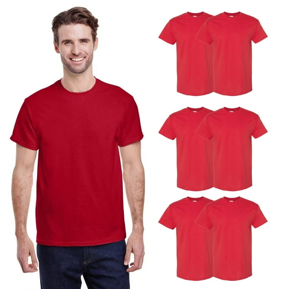 Gildan Men’s Short Sleeve T-Shirt, Heavy 100% Cotton Classic Fit Red Color Tee, 6 Pack, M
