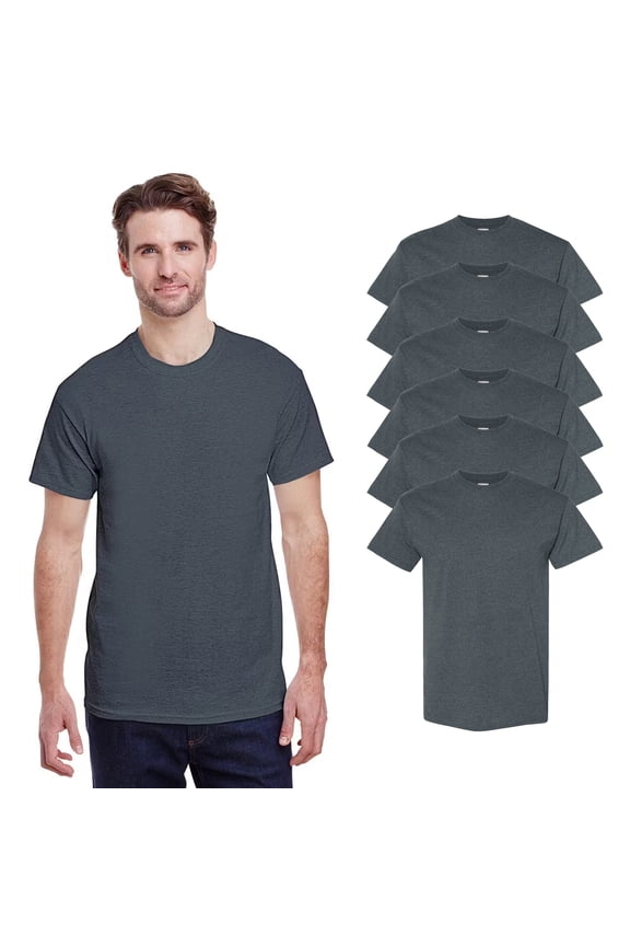 Men’s Short Sleeve T-Shirt, Heavy Cotton Crewneck Classic fit Dark Heather Tee, Pack 6,L