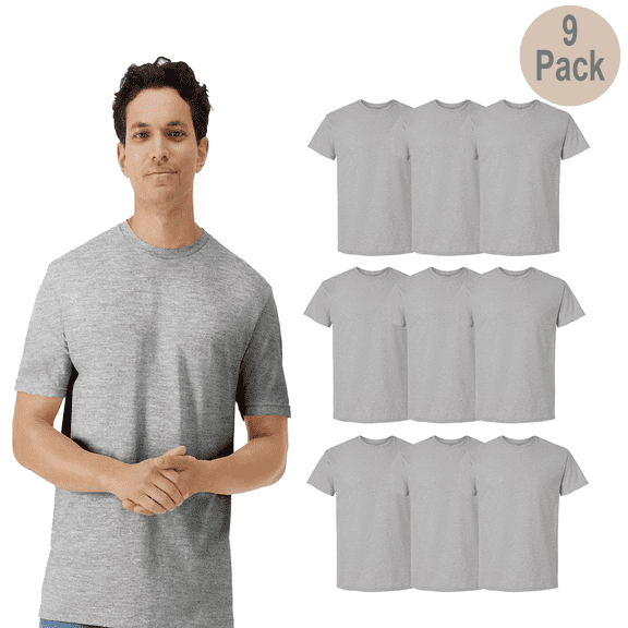 Gildan Men's Short Sleeve T-Shirt, Light Cotton, Crew Neck Modern Fit Tee, Sport Grey, S, 9 Pack