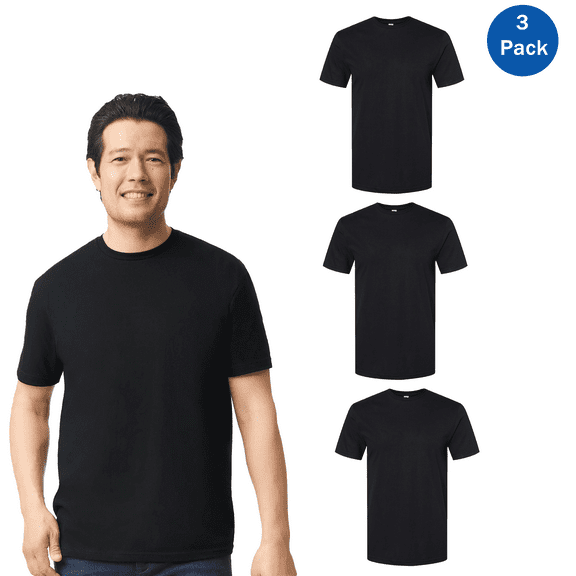 Gildan Men's Short Sleeve T-Shirt, Softstyle Casual Shirt 3 Pack Pitch Black Crewneck Tee, Size S