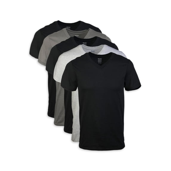 Gildan Men's Short Sleeve V-neck T-Shirts Assorted Color T-shirt up to 2XL, 5-pack, Black, Sport Grey, Charcoal, Military Green, Small