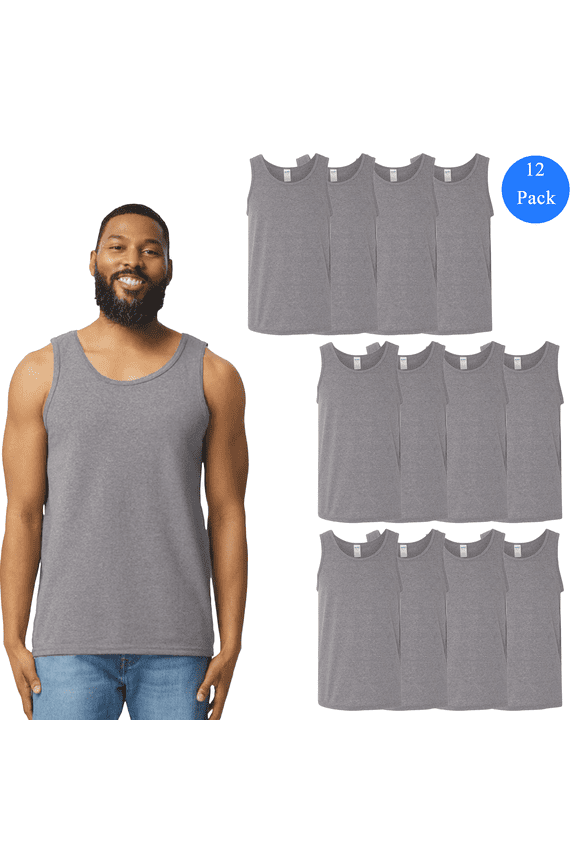 Men’s Sleeveless Shirt, Heavy Cotton Graphite Heather Tank Top Pack of 12 Muscle Undershirt Tee, Size 3XL
