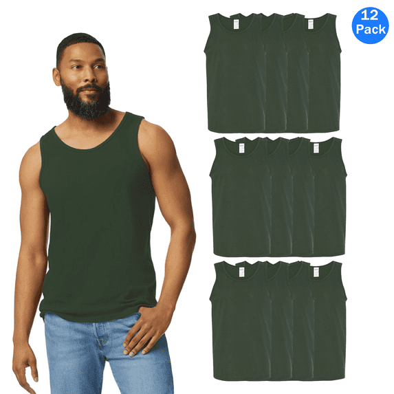 Gildan Men’s Sleeveless Tee, Forest Green Tank Top Pack of 12 Cotton Muscle Shirt, M Size Undershirt