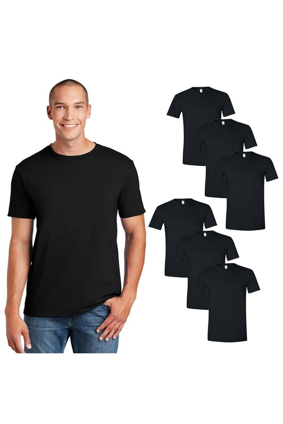 Men's Softstyle Black T-Shirt, 6-Pack, S-3XL, Comfortable Short Sleeve Crew Neck Cotton Tee