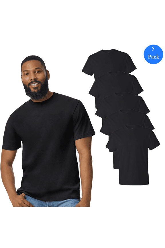 Men's Softstyle Lightweight T-Shirt, Solid 100 Ring-Spun Cotton Bulk Black Tee, 5 Pack, XL