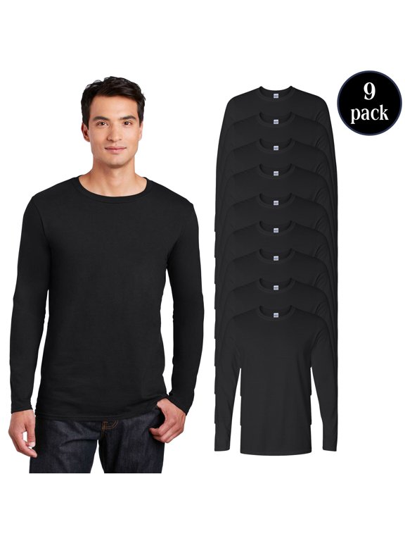 Men’s Softstyle Long Sleeve T-Shirt, 9-Pack Black Color, Soft Smooth Casual Tee, 3XL