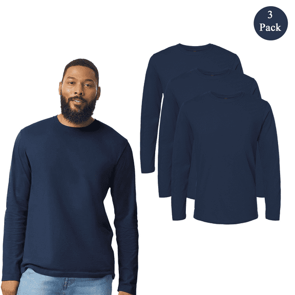 Gildan Men's Softstyle Long Sleeve T-Shirt, Comfortable Crew Neck Classic Fit Tee, Navy, 3-Pack, M