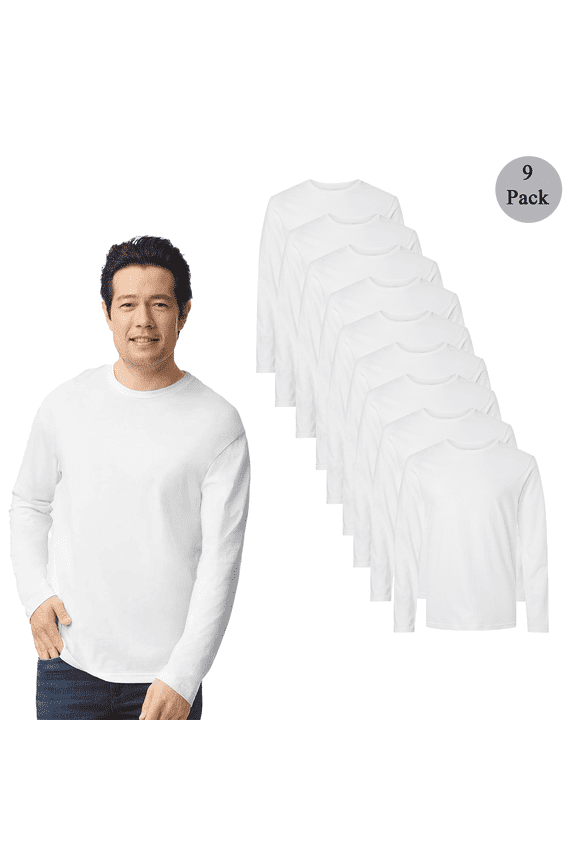 Men's Softstyle Long Sleeve T-Shirt, Comfortable Crew Neck White Color Blank Tee, 9-Pack, 3XL