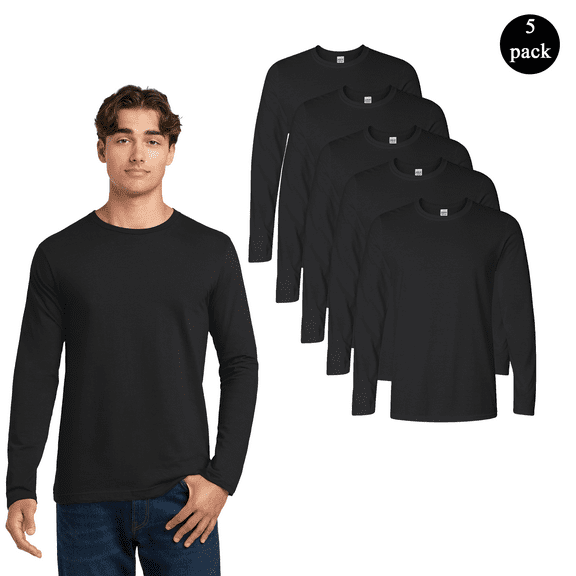 Gildan Men's Softstyle Long Sleeve T-Shirt, Crew Neck Black Color Bulk Durable Tee, 5-Pack, Size S