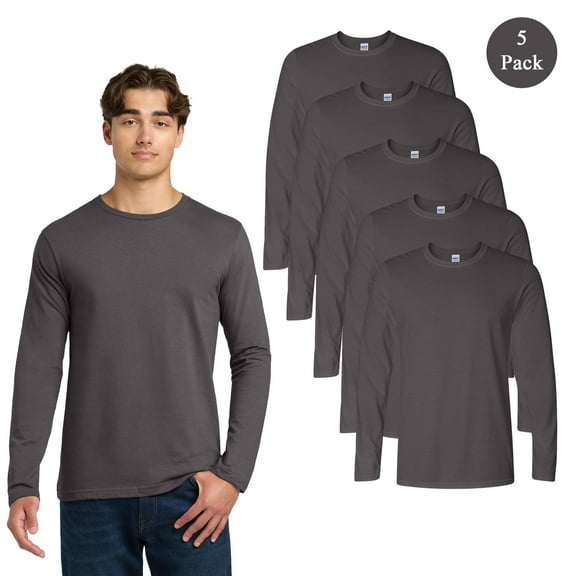Gildan Men's Softstyle Long Sleeve T-Shirt, Crew Neck Charcoal Color Classic Fit Tee, 5-Pack, M