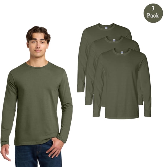 Gildan Men's Softstyle Long Sleeve T-Shirt, Crew Neck Modern Fit Tee, Military Green, 3-Pack, L