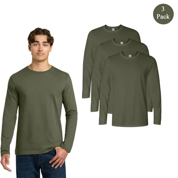 Gildan Men's Softstyle Long Sleeve T-Shirt, Crew Neck Modern Fit Tee, Military Green, 3-Pack, S
