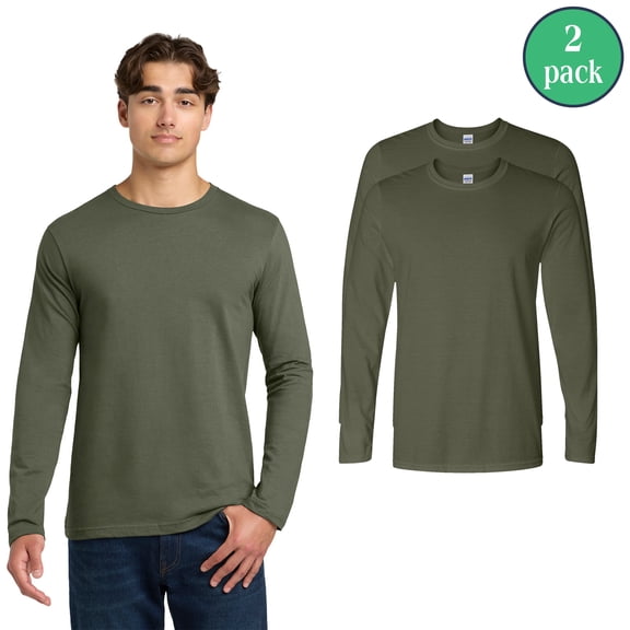 Gildan Men’s Softstyle Long Sleeve T-Shirt, Crewneck Casual Shirt, 2 Pack Military Green Tee, L