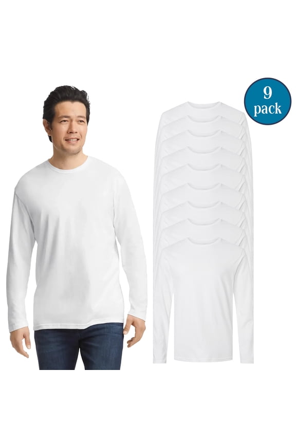 Men’s Softstyle Long Sleeve T-Shirt, Crewneck White Color Classic Fit Tee, 9-Pack, M