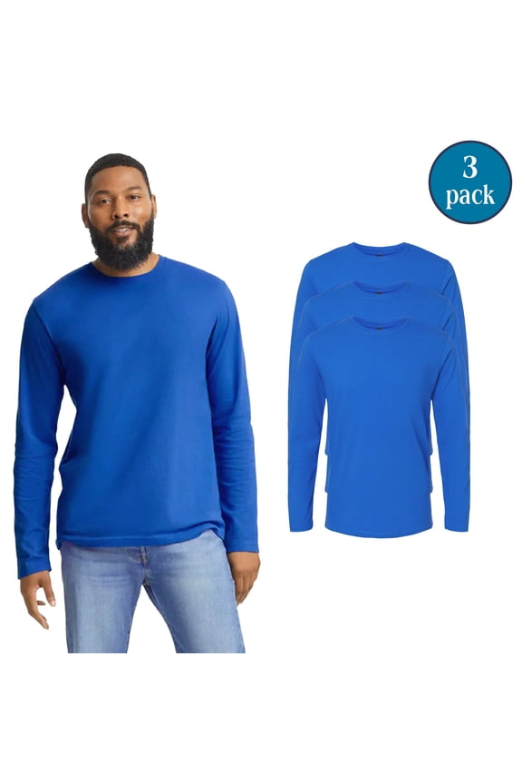 Men's Softstyle Long Sleeve T-Shirt, Crewneck rib Collar Casual Tee, Royal, 3-Pack, L