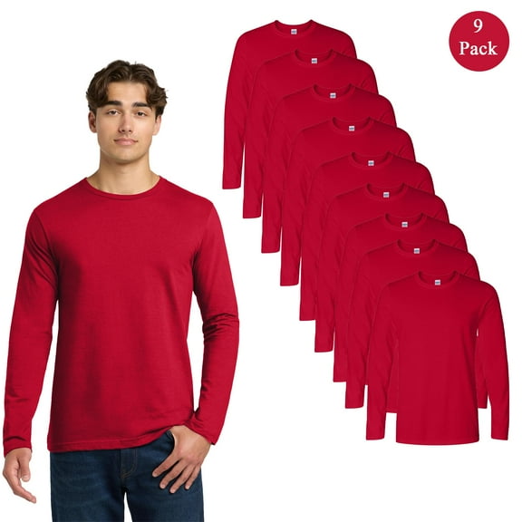 Gildan Men's Softstyle Long Sleeve T-Shirt, Durable Crew Neck Cherry Red Color Bulk Tee, 9-Pack, 3XL