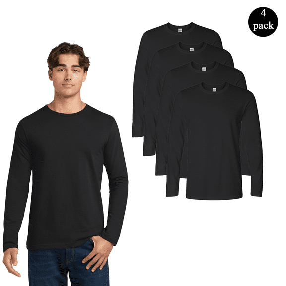 Gildan Men's Softstyle Long Sleeve T-Shirt, Durable Crew Neck Classic Fit Tee, Black, 4-Pack, S