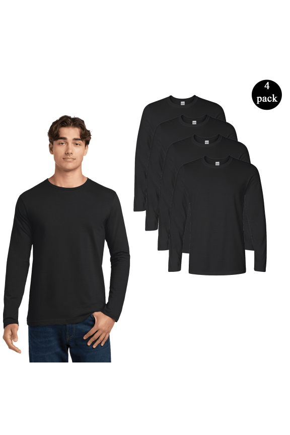 Men's Softstyle Long Sleeve T-Shirt, Durable Crew Neck Classic Fit Tee, Black, 4-Pack, S