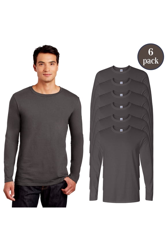 Men's Softstyle Long Sleeve T-Shirt, Rib collar Modern Fit Classic Tee, Charcoal, 6-Pack, XL