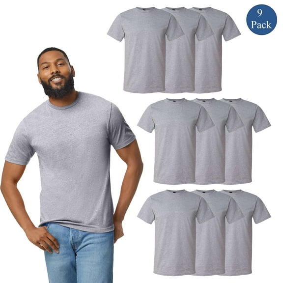 Gildan Men's Softstyle T-Shirt| Heather Grey Short Sleeve Tee Crewneck, 100% Soft Cotton Shirt Pack-9 Size-L