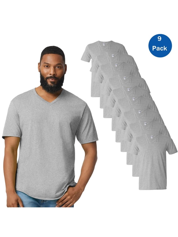 Men's Softstyle V-Neck T-Shirt, Short Sleeve Cotton Blend Modern Tee, Sport Grey, 9 Pack, 3XL