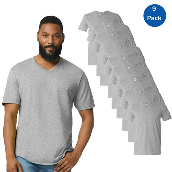 Gildan Men's Softstyle V-Neck T-Shirt, Short Sleeve Cotton Blend Modern Tee, Sport Grey, 9 Pack, S