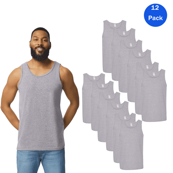 Gildan Men's Sport Grey Undershirt Tank Top, Works Sleeveless T-Shirt, Pack 12, S
