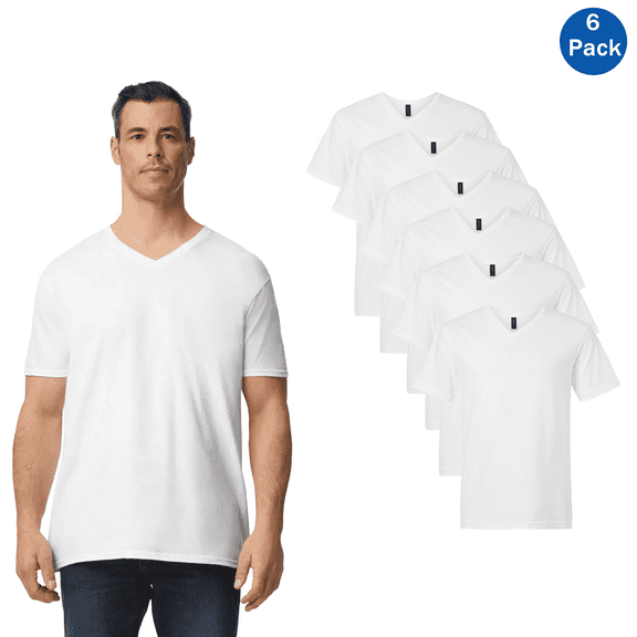 Gildan Men’s T-Shirt, 100 Cotton, Softstyle Short Sleeve White V-Neck Tee, 6 Pack, Sizes S-3XL