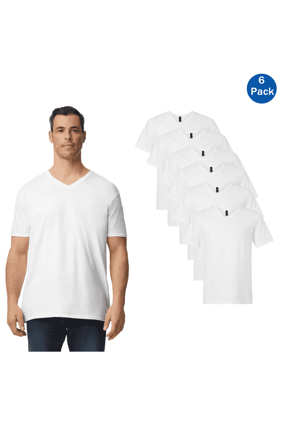 Men’s T-Shirt, 100 Cotton, Softstyle Short Sleeve White V-Neck Tee, 6 Pack, Sizes S-3XL