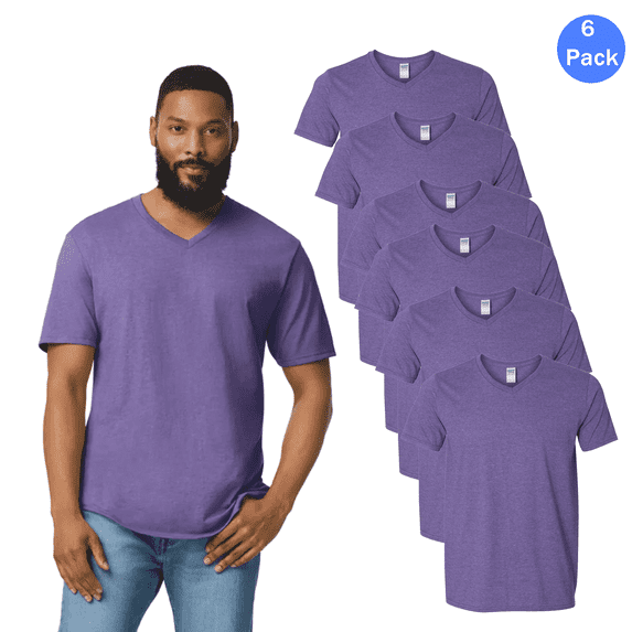 Gildan Men’s T-Shirt, Comfortable V-Neck Short Sleeve Heather Purple Casual Tee, 6 Pack, Sizes S-3XL