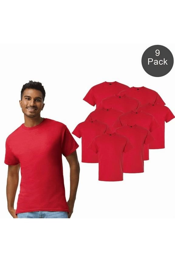 Men's T-Shirt, Short Sleeve Crew Neck, Bulk Red Cotton Classic Fit Tee, S, 9 Pack