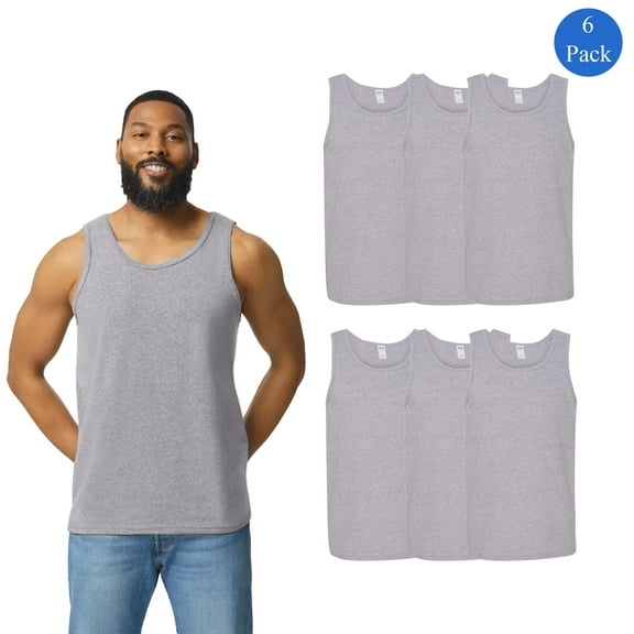 Gildan Men's Tank Top, Classic Fit Sleeveless Undershirt, Heavy Cotton, Sport Grey, XL, 6 Pack