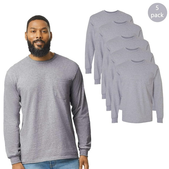 Gildan Men's Ultra Cotton Classic Long Sleeve Pocket T-Shirt, 5-Pack, Crew Neck Sport Grey Tee, S