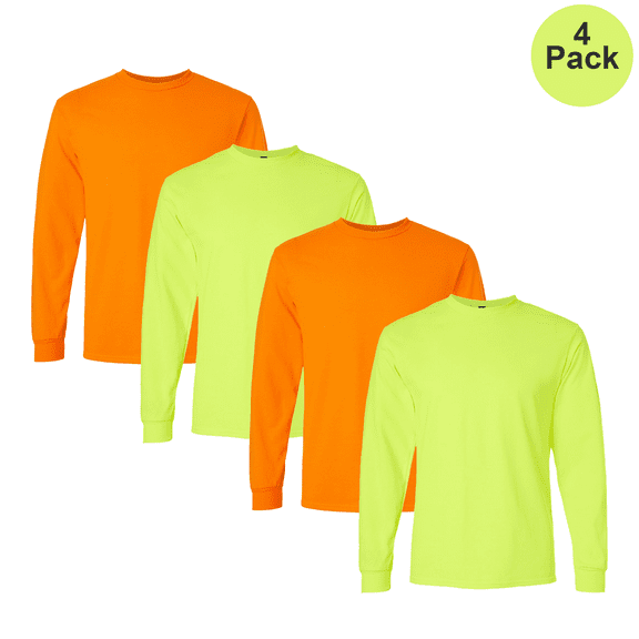 Gildan Men's Ultra Cotton Hi-Vis Work T-Shirt, Long Sleeve Safety Green and Orange Tee, 4-Pack, S
