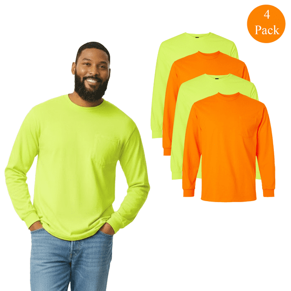 Gildan Men's Ultra Cotton Long Sleeve Pocket T-Shirt, 4-Pack, Hi-Vis Safety Green and Orange Tee L