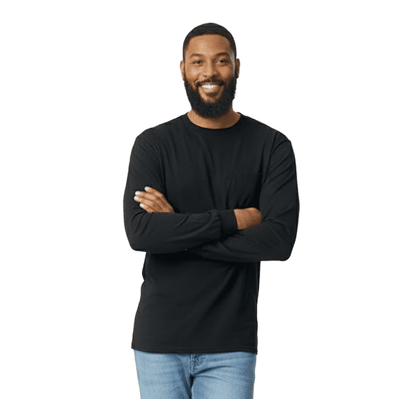 Gildan Men's Ultra Cotton Long Sleeve Pocket T-Shirt, Crew Neck Black Blank Durable Tee, L