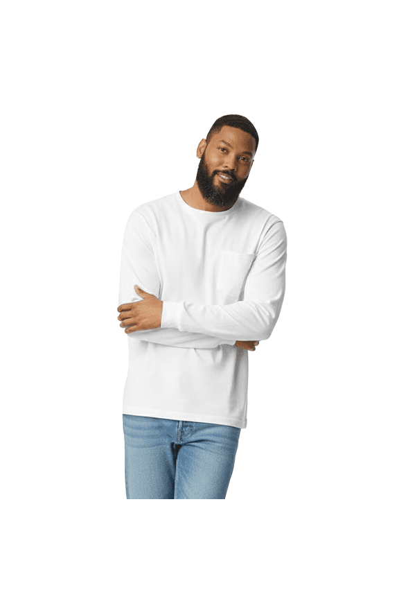 Men's Ultra Cotton Long Sleeve Pocket T-Shirt, Crew Neck White Blank Durable Tee, L
