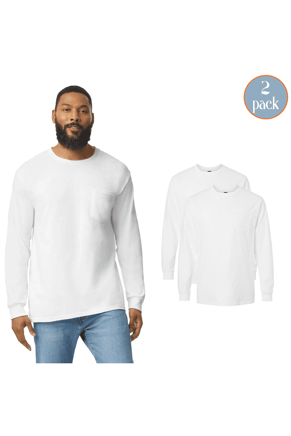Men’s Ultra Cotton Long Sleeve Pocket T-Shirt, Durable Soft Cotton, 2-Pack, White, S