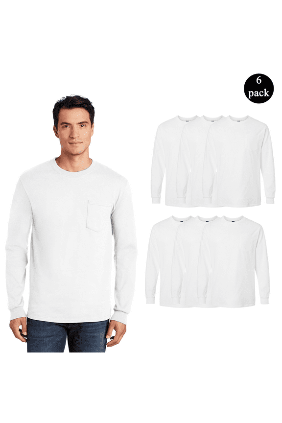 Men's Ultra Cotton Long Sleeve Pocket T-Shirt, Rib Collar White Tee Pack of 6, Size L