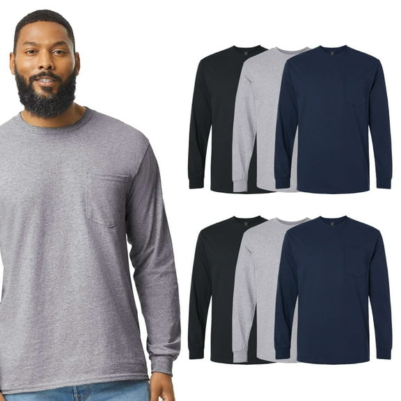 Gildan Men's Ultra Cotton Long Sleeve Pocket T-Shirt, T-Shirt Value Pack, Assorted Color, 6 Pack, S