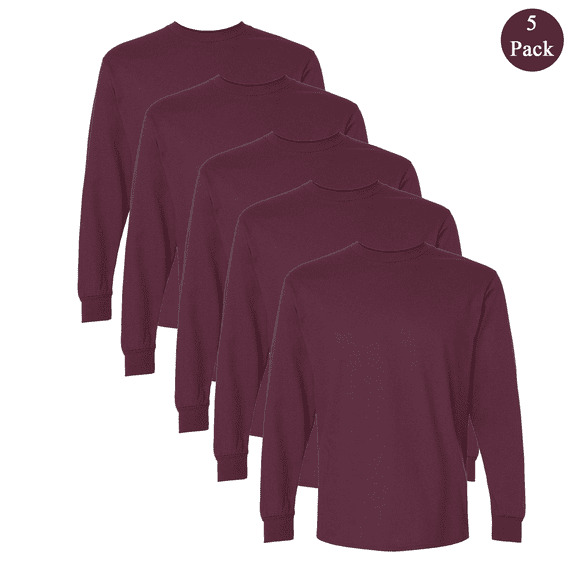 Gildan Men's Ultra Cotton Long Sleeve T-Shirt, 5-Pack, Crew Neck Maroon Color Casual Bulk Tee, XL