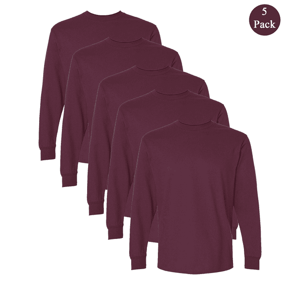 Gildan Men's Ultra Cotton Long Sleeve T-Shirt, 5-Pack, Crew Neck Maroon Color Casual Bulk Tee, XL