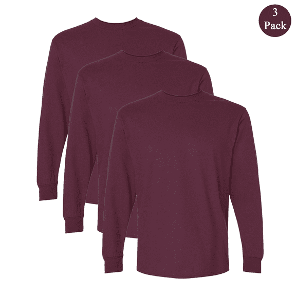 Gildan Men's Ultra Cotton Long Sleeve T-Shirt, Comfortable Crew Neck Blank Tee, Maroon, 3-Pack, 4XL