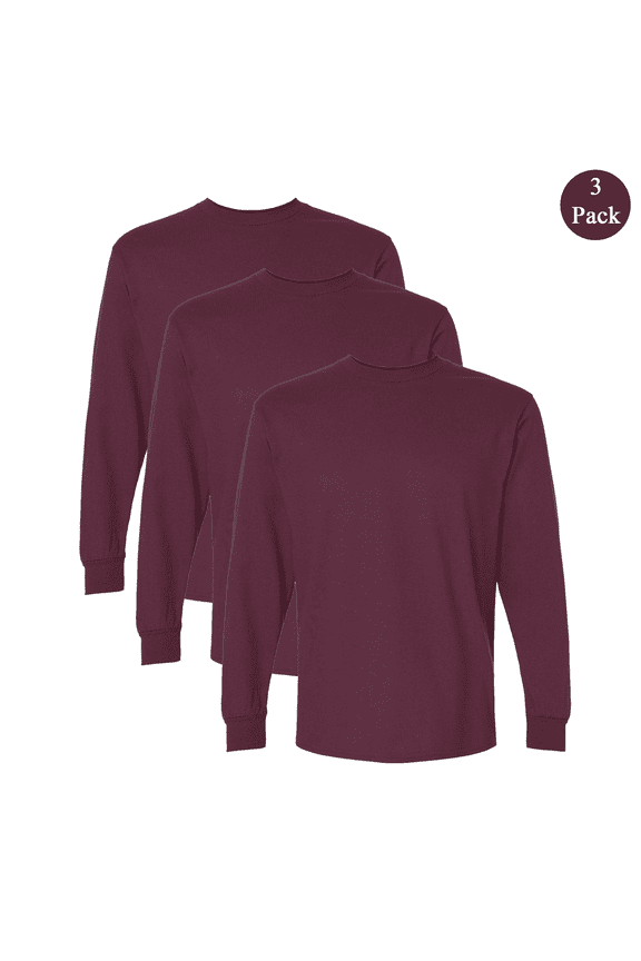 Men's Ultra Cotton Long Sleeve T-Shirt, Comfortable Crew Neck Blank Tee, Maroon, 3-Pack, 4XL