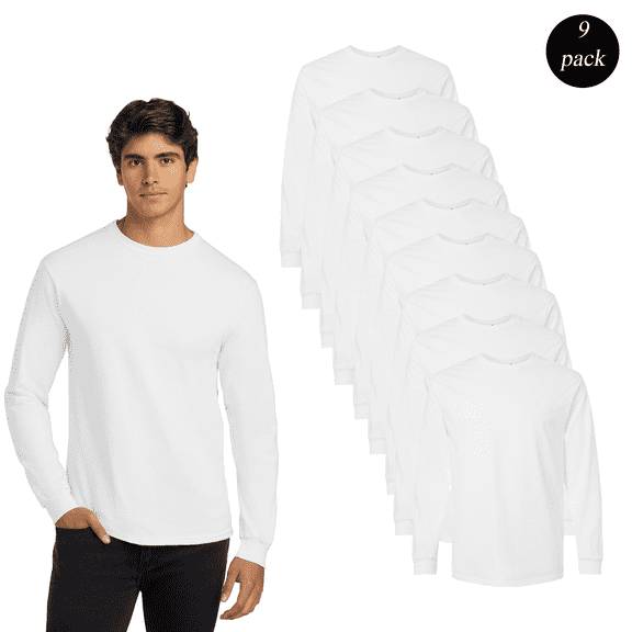 Gildan Men's Ultra Cotton Long Sleeve T-Shirt, Comfortable Crew Neck Blank Tee, White, 9-Pack, S