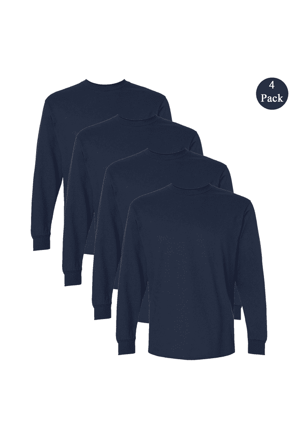 Men's Ultra Cotton Long Sleeve T-Shirt, Comfortable Crew Neck Casual Tee, Navy, 4-Pack, 2XL