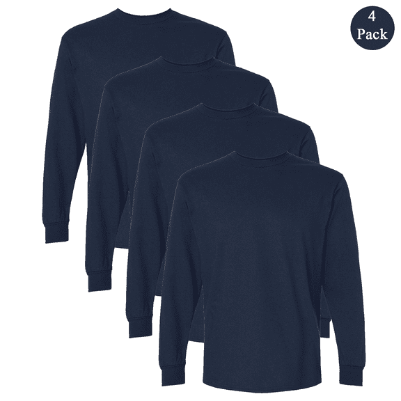 Gildan Men's Ultra Cotton Long Sleeve T-Shirt, Comfortable Crew Neck Casual Tee, Navy, 4-Pack, XL