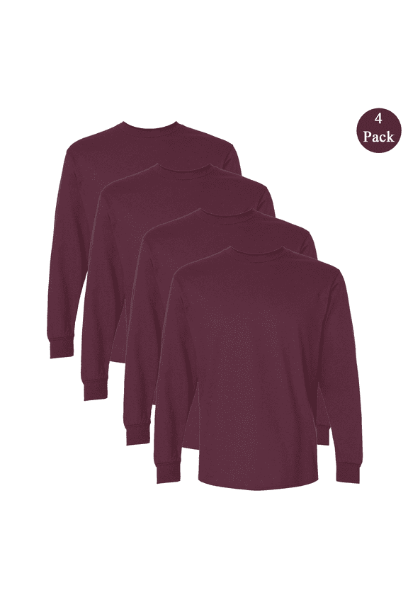 Men's Ultra Cotton Long Sleeve T-Shirt, Crew Neck Blank Durable Tee, Maroon Color 4-Pack, 4XL