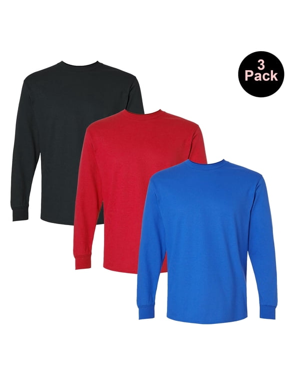 Men's Ultra Cotton Long Sleeve T-Shirt, Crew Neck Casual Tee, Assorted Color, 2XL, 3-Pack