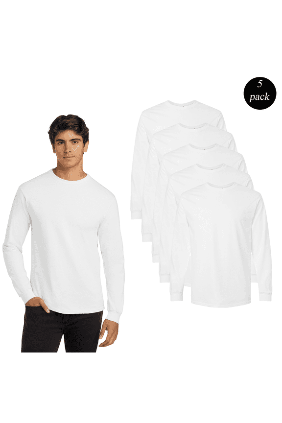Men's Ultra Cotton Long Sleeve T-Shirt, Crew Neck Casual White Color Blank Tee, 5-Pack, S